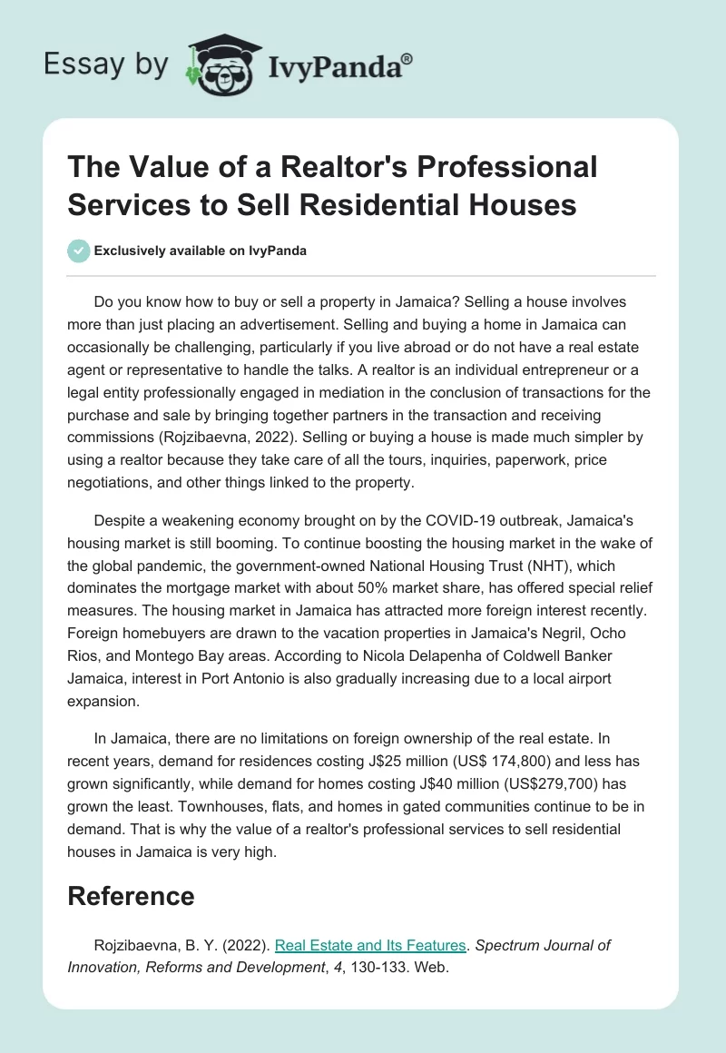 The Value of a Realtor's Professional Services to Sell Residential Houses. Page 1