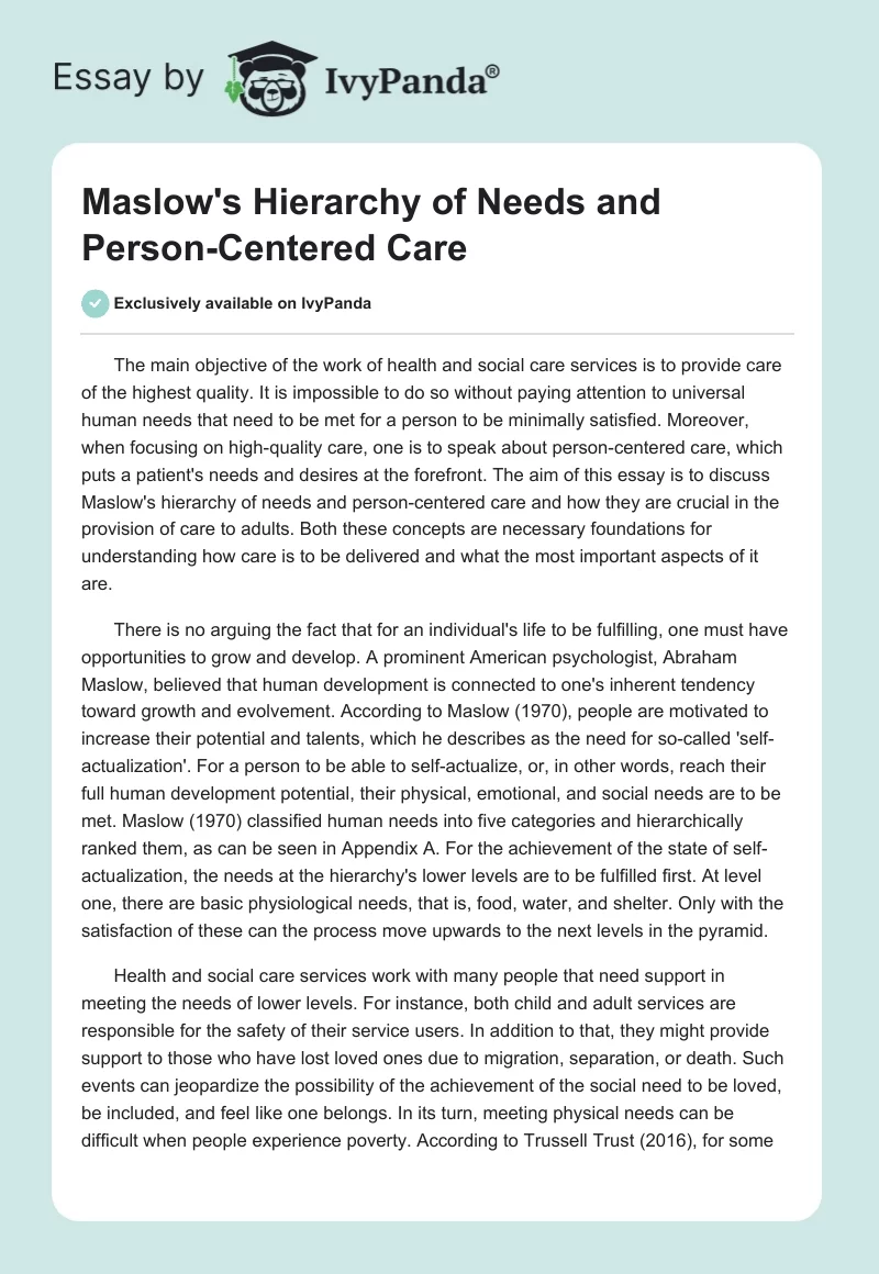 Maslow's Hierarchy of Needs and Person-Centered Care. Page 1
