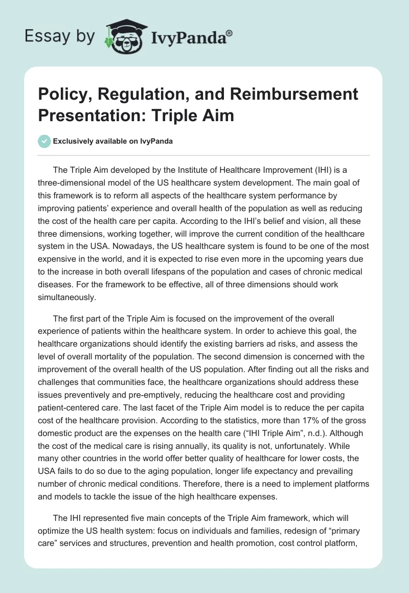 Policy, Regulation, and Reimbursement Presentation: Triple Aim. Page 1