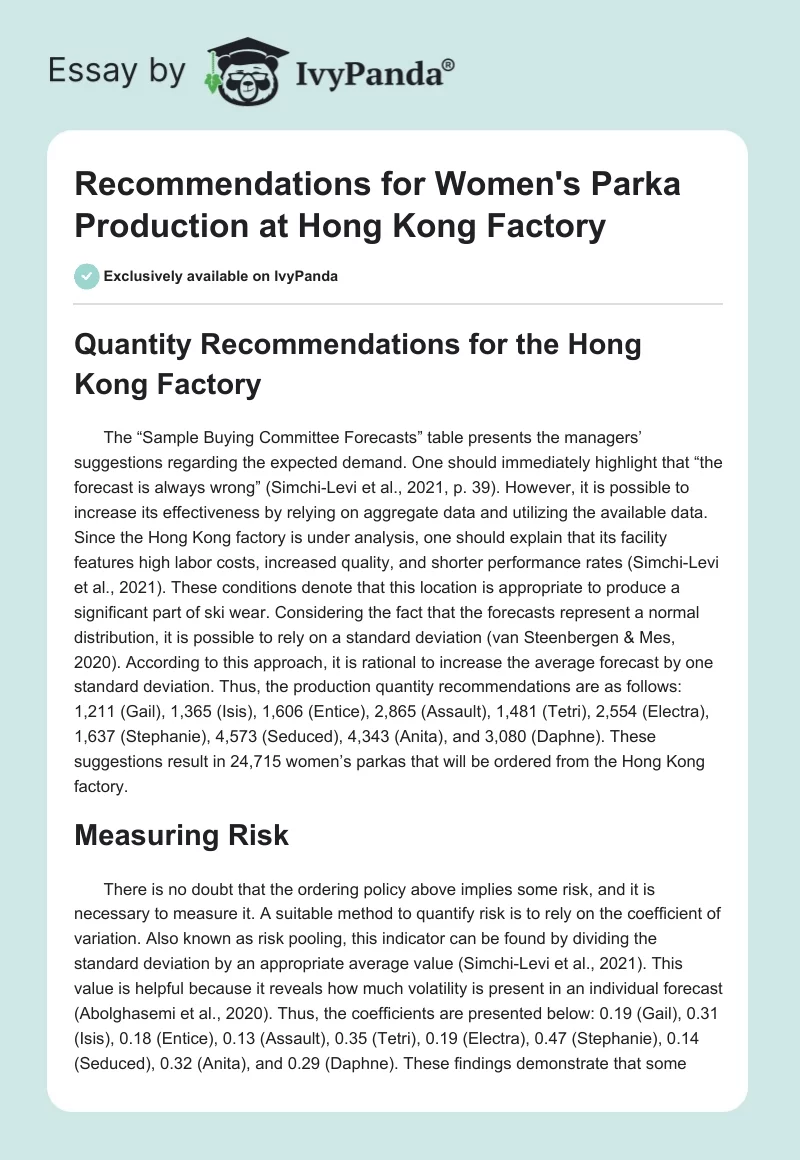 Recommendations for Women's Parka Production at Hong Kong Factory. Page 1