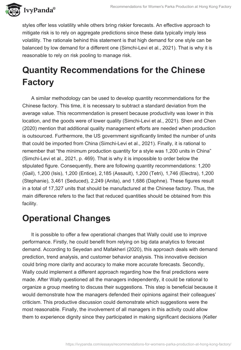 Recommendations for Women's Parka Production at Hong Kong Factory. Page 2