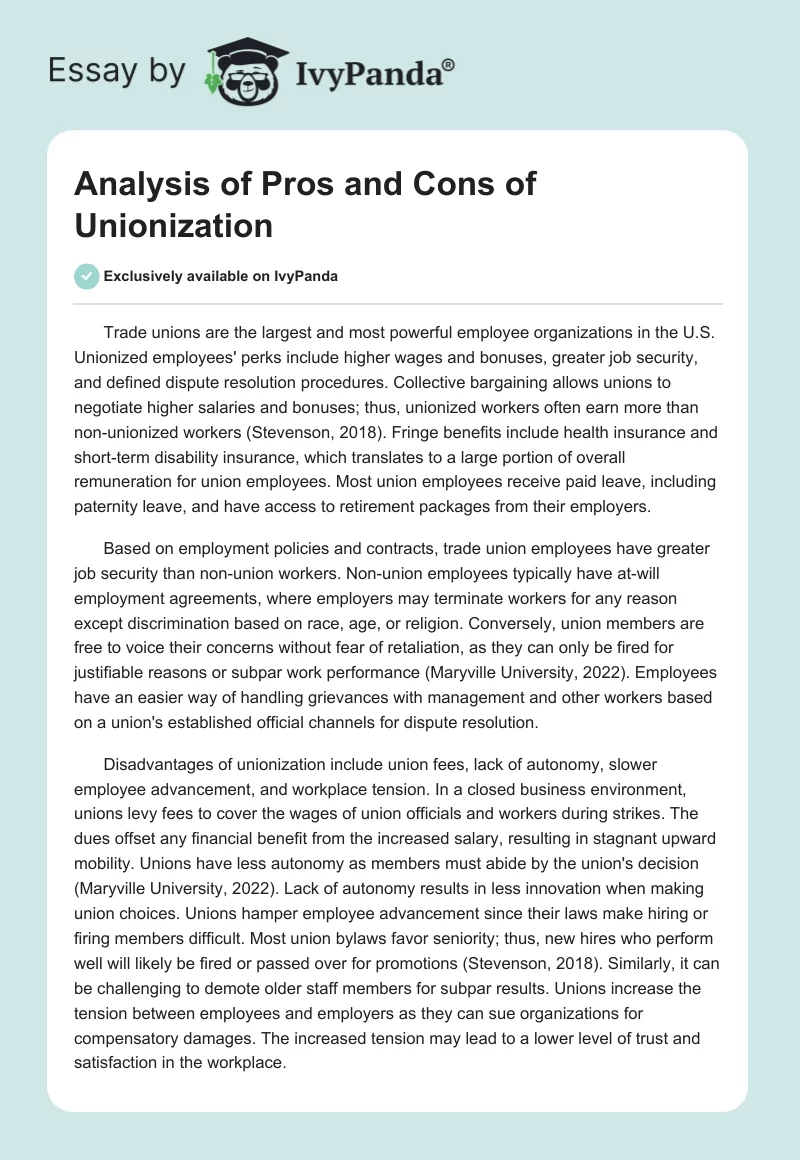 Analysis of Pros and Cons of Unionization. Page 1