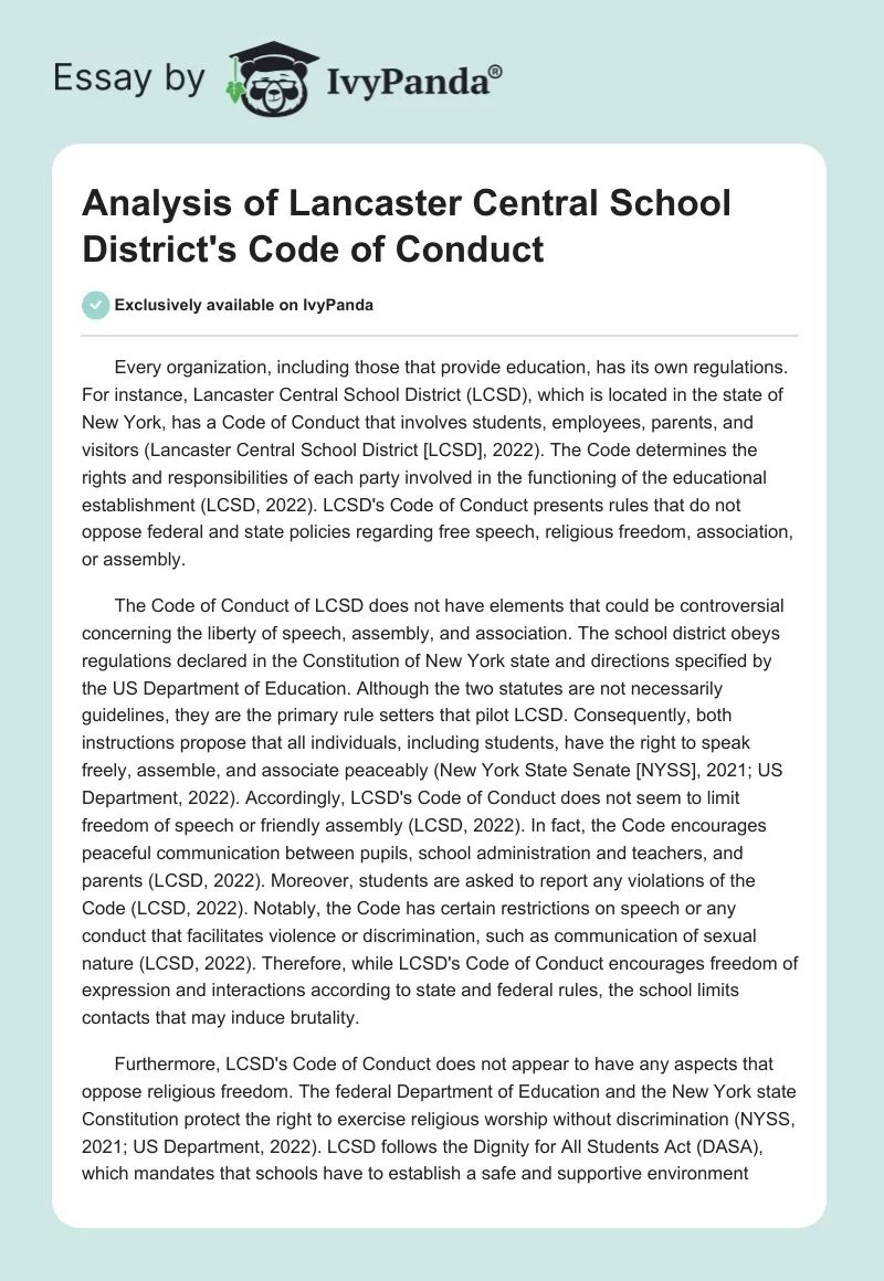 Analysis of Lancaster Central School District's Code of Conduct. Page 1