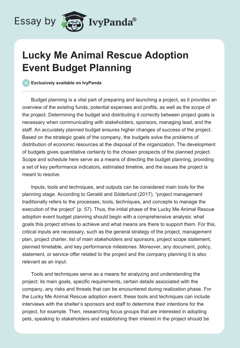 Lucky Me Animal Rescue Adoption Event Budget Planning. Page 1
