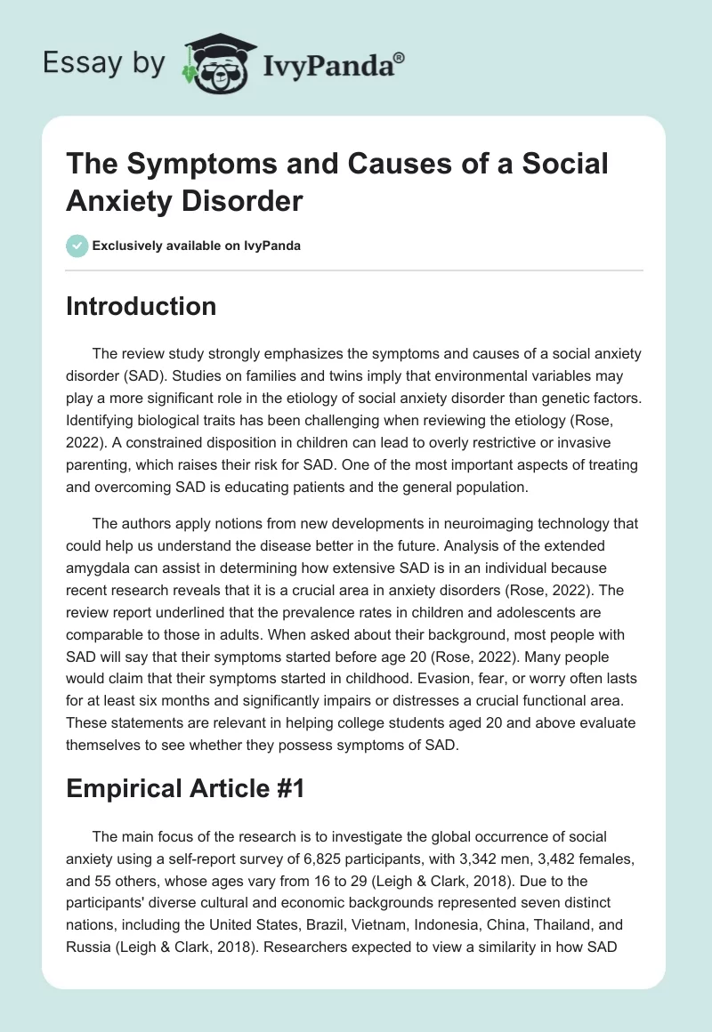 The Symptoms and Causes of a Social Anxiety Disorder. Page 1