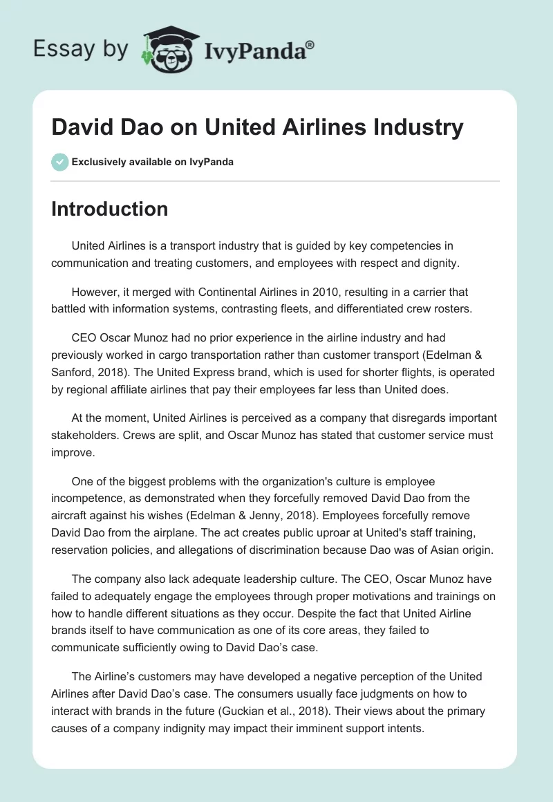 David Dao on United Airlines Industry. Page 1