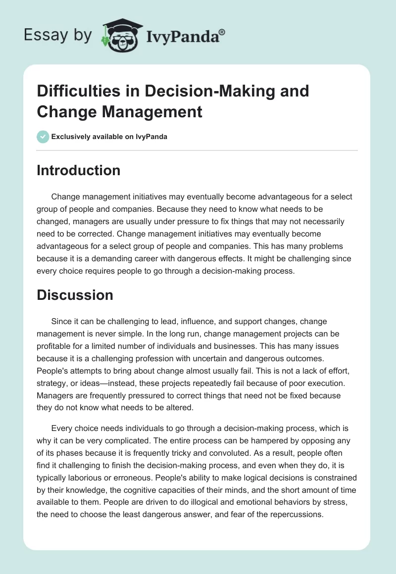Difficulties in Decision-Making and Change Management. Page 1