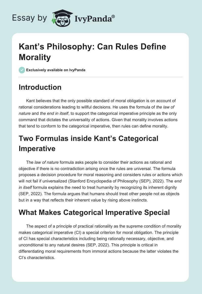 Kant’s Philosophy: Can Rules Define Morality. Page 1