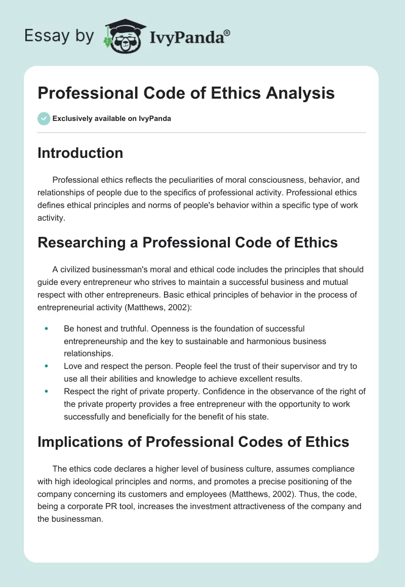 Professional Code of Ethics Analysis. Page 1