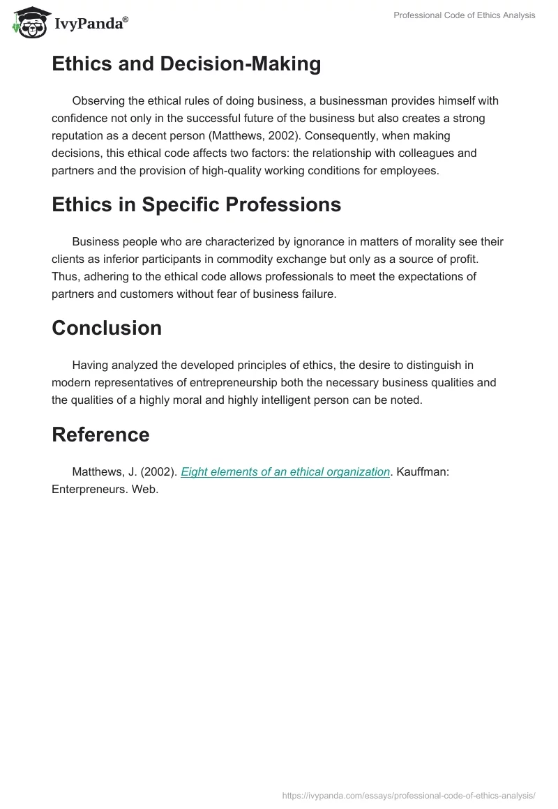 Professional Code of Ethics Analysis. Page 2
