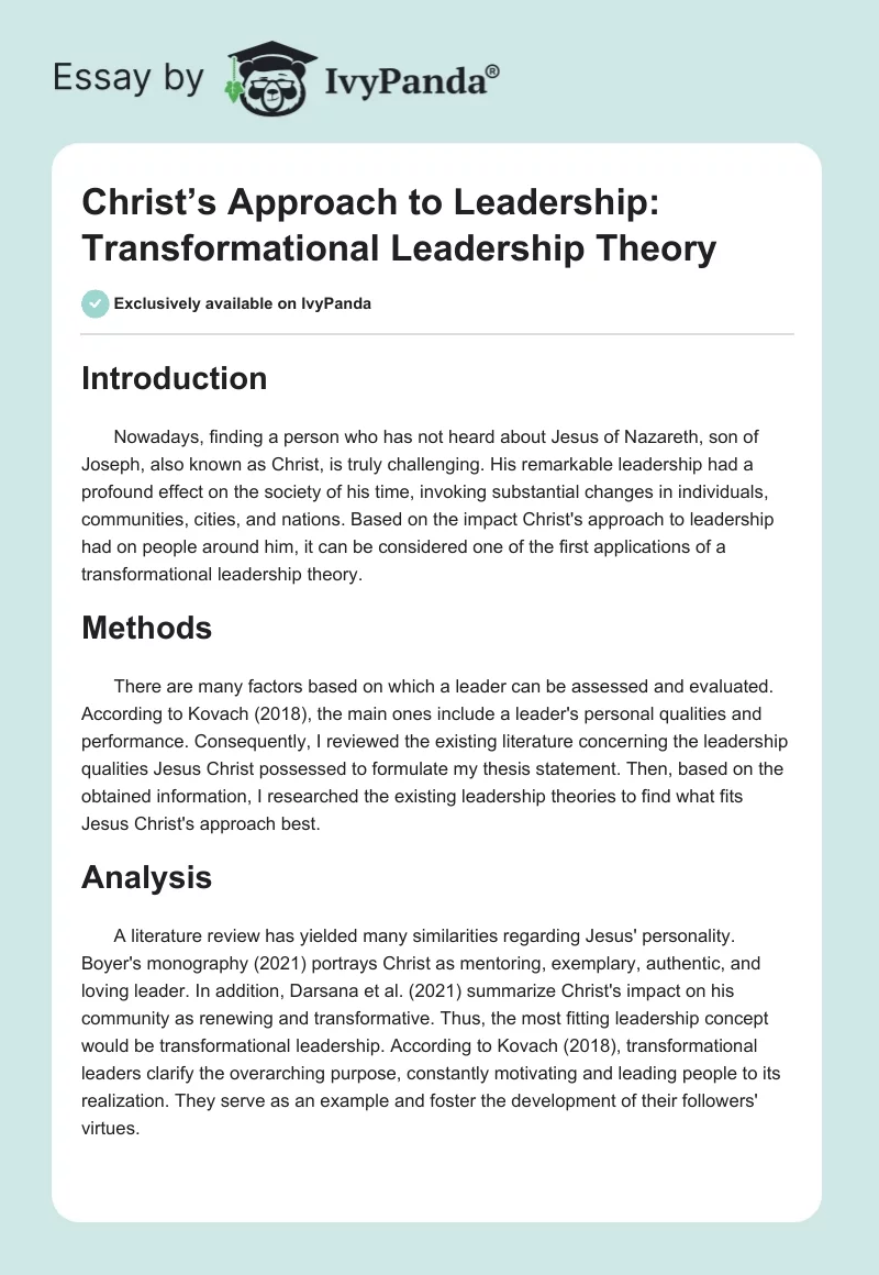 Christ’s Approach to Leadership: Transformational Leadership Theory. Page 1