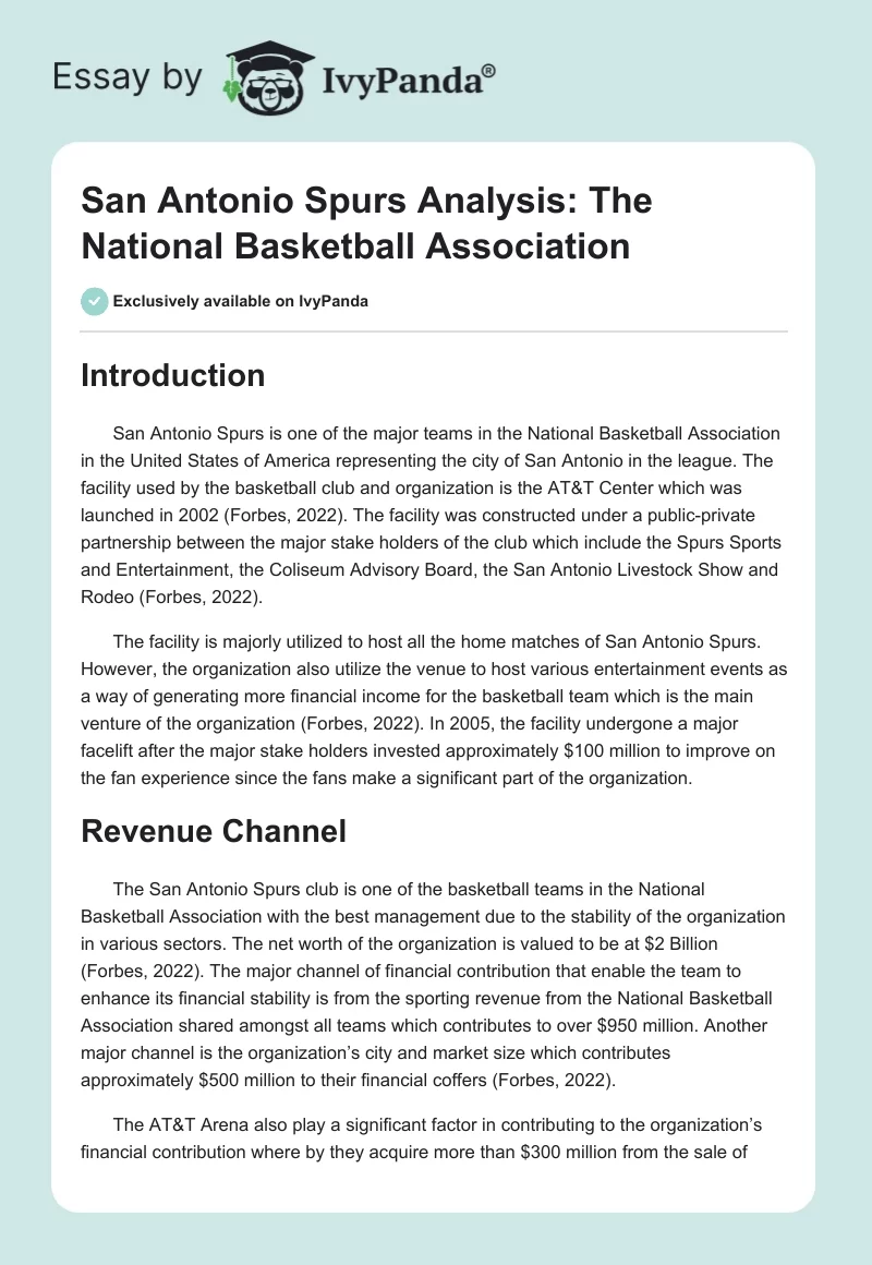 San Antonio Spurs Analysis: The National Basketball Association. Page 1