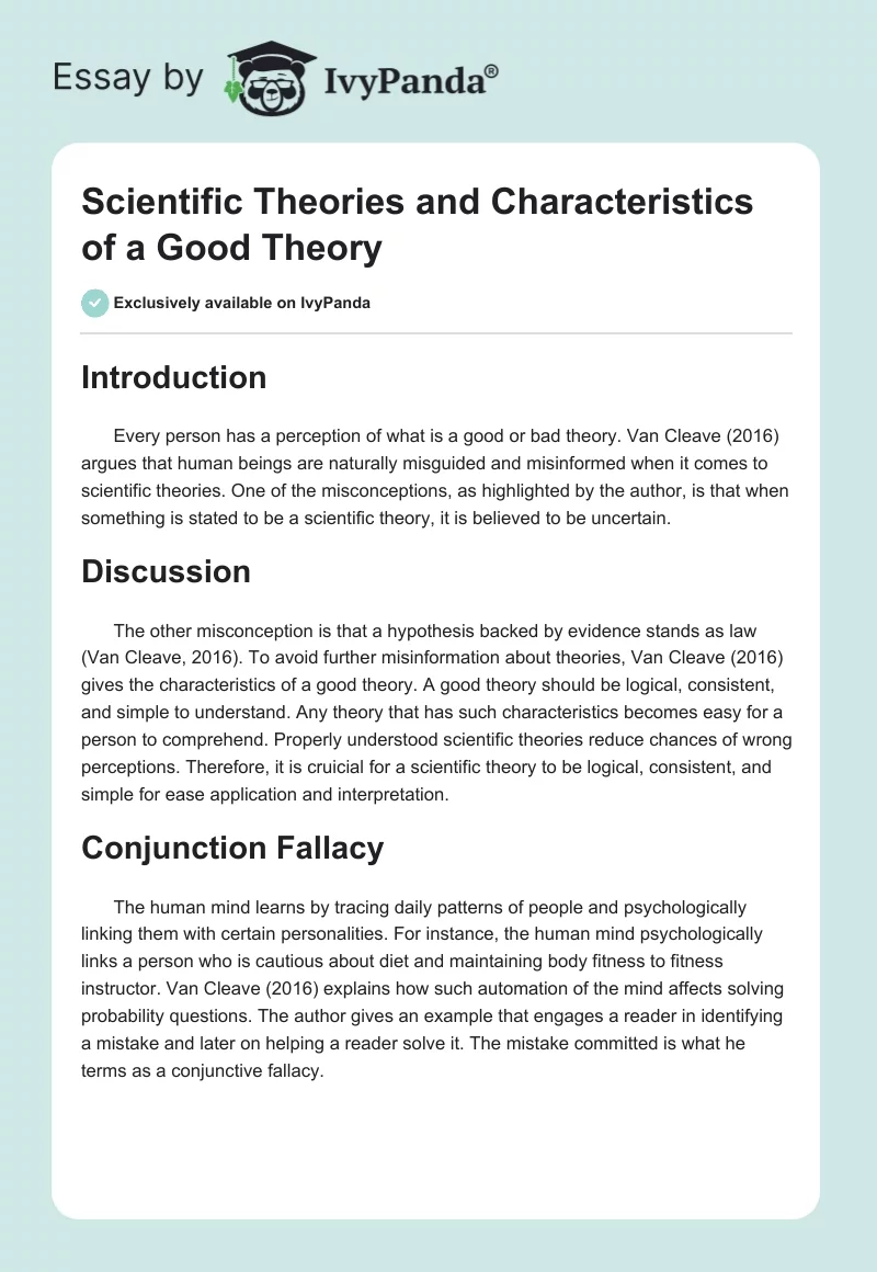Scientific Theories and Characteristics of a Good Theory. Page 1