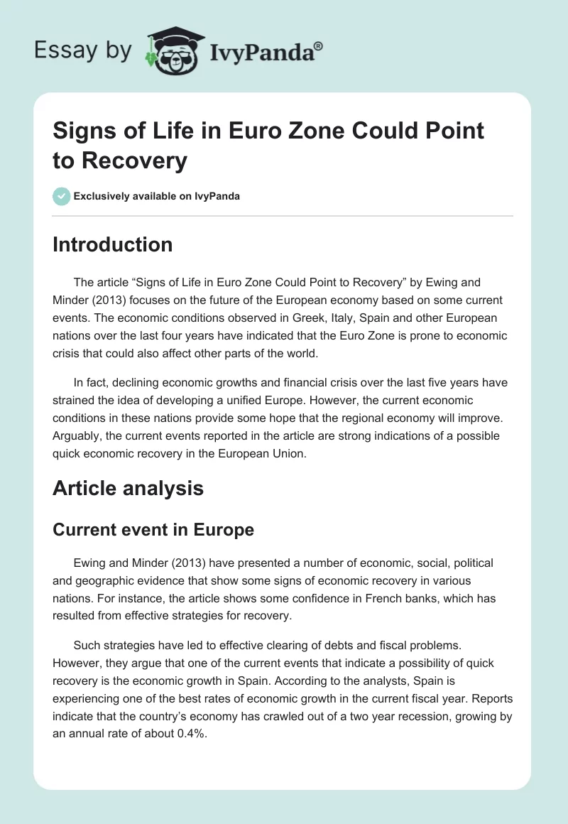 Signs of Life in Euro Zone Could Point to Recovery. Page 1