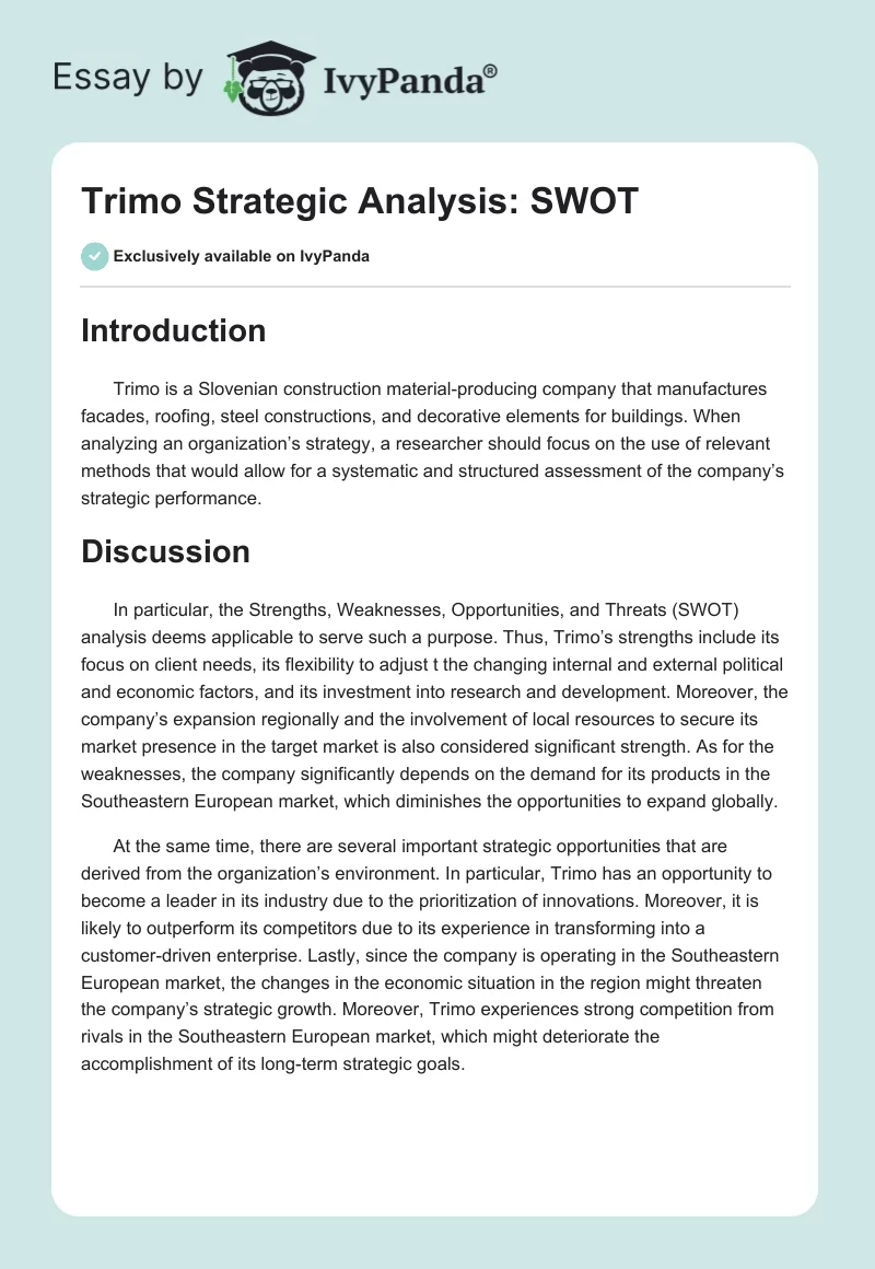 Trimo Strategic Analysis: SWOT. Page 1