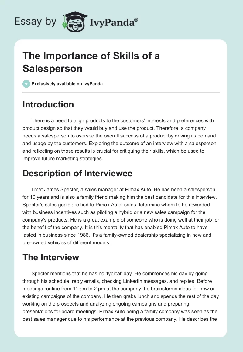 The Importance of Skills of a Salesperson. Page 1