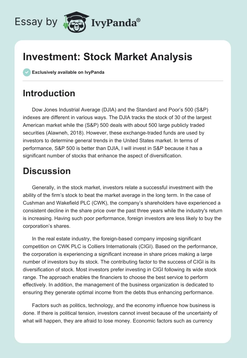 Investment: Stock Market Analysis. Page 1