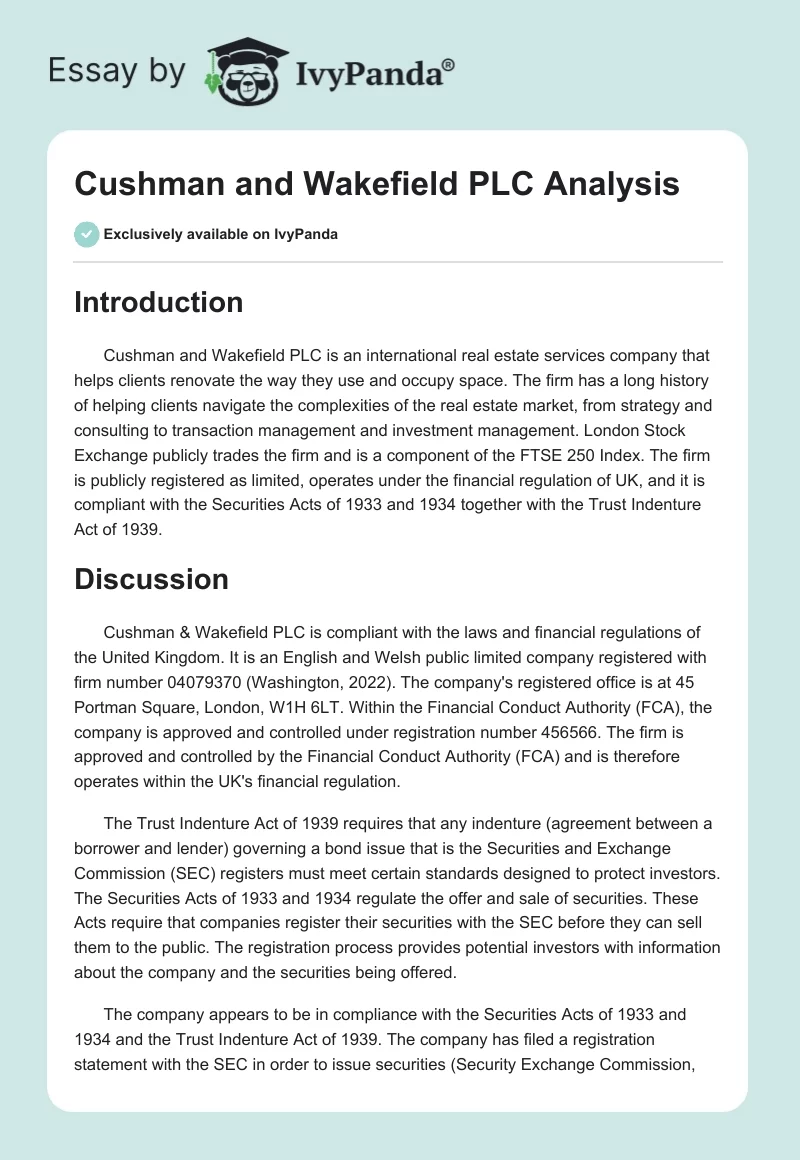 Cushman and Wakefield PLC Analysis. Page 1