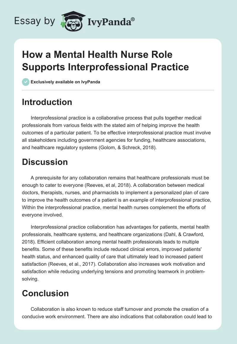 How a Mental Health Nurse Role Supports Interprofessional Practice. Page 1