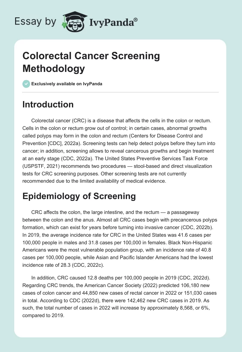 Colorectal Cancer Screening Methodology. Page 1