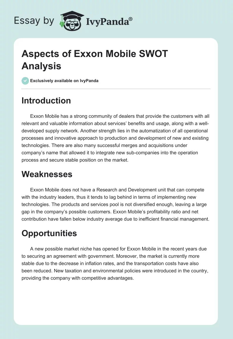 Aspects of Exxon Mobile SWOT Analysis. Page 1