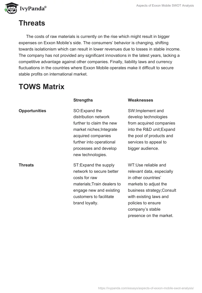 Aspects of Exxon Mobile SWOT Analysis. Page 2