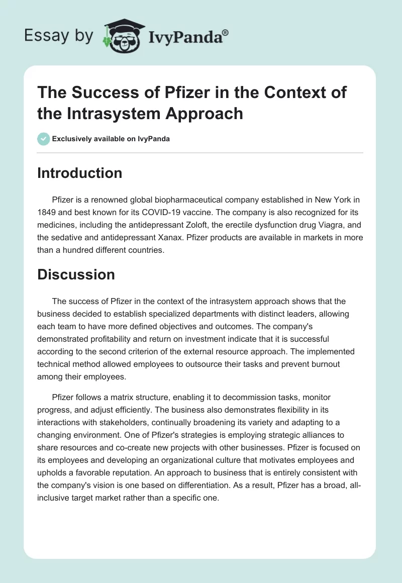 The Success of Pfizer in the Context of the Intrasystem Approach. Page 1