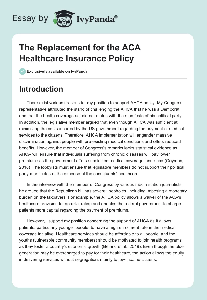 The Replacement for the ACA Healthcare Insurance Policy. Page 1
