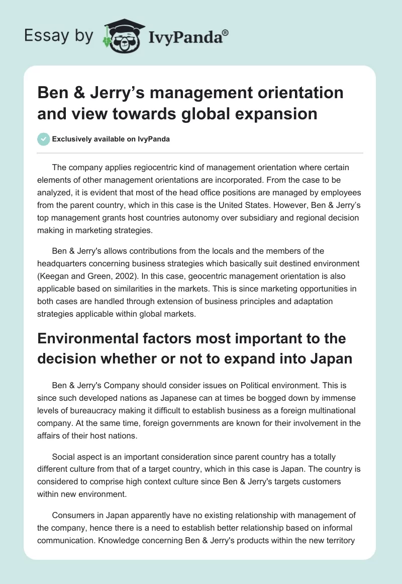 Ben & Jerry’s management orientation and view towards global expansion. Page 1