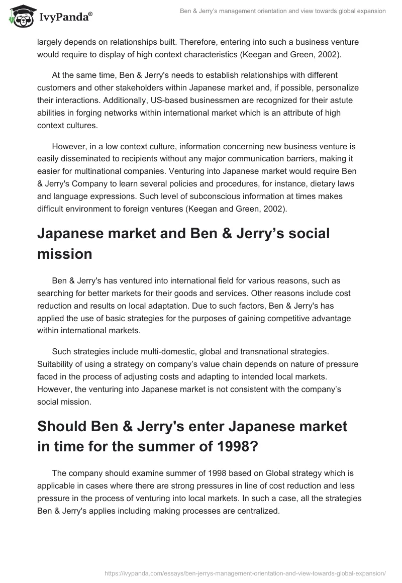 Ben & Jerry’s management orientation and view towards global expansion. Page 2