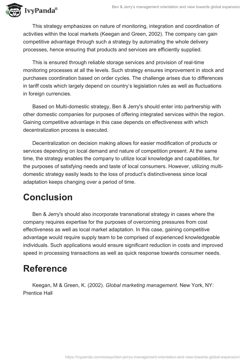 Ben & Jerry’s management orientation and view towards global expansion. Page 3