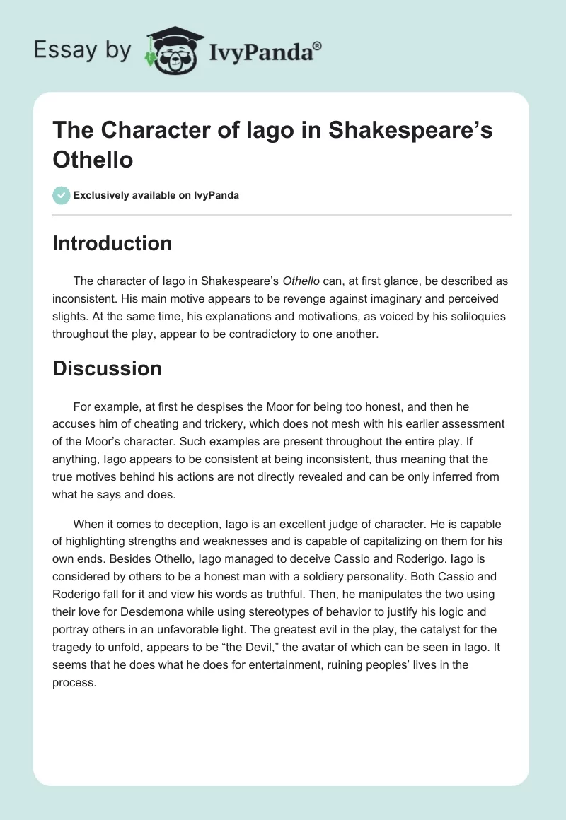 The Character of Iago in Shakespeare’s Othello. Page 1