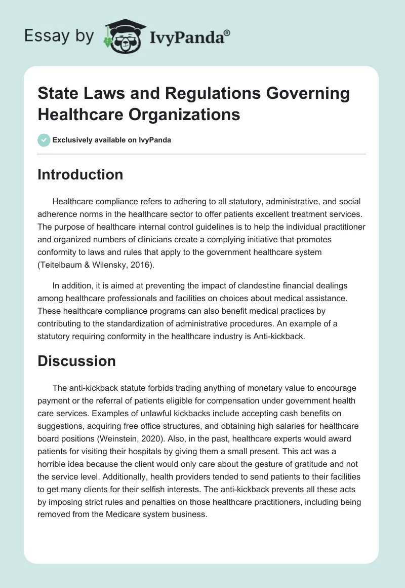 State Laws and Regulations Governing Healthcare Organizations. Page 1