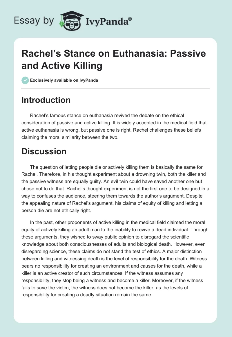 Rachel’s Stance on Euthanasia: Passive and Active Killing. Page 1