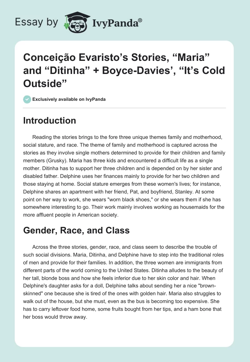 Conceição Evaristo’s Stories, “Maria” and “Ditinha” + Boyce-Davies’, “It’s Cold Outside”. Page 1
