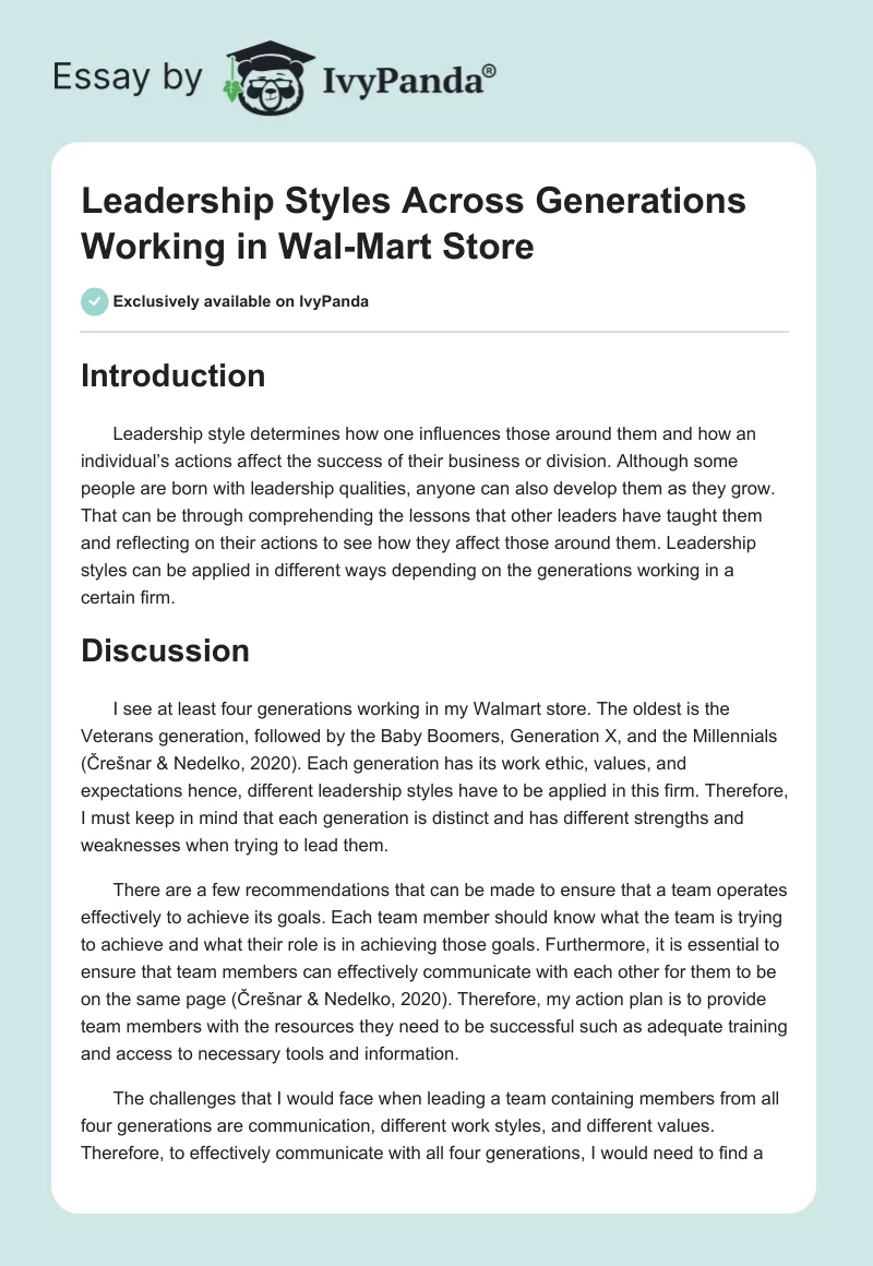 Leadership Styles Across Generations Working in Wal-Mart Store. Page 1