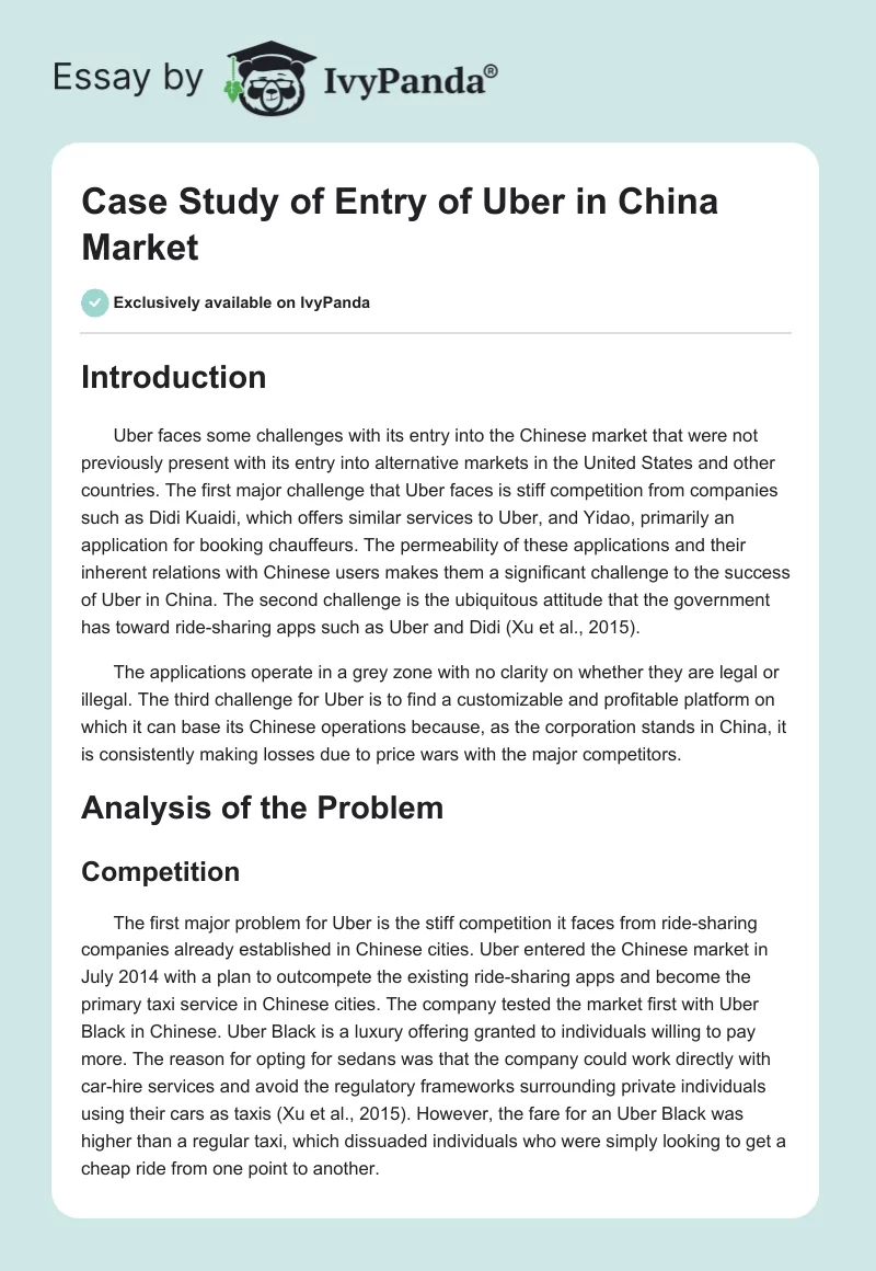Case Study of Entry of Uber in China Market. Page 1