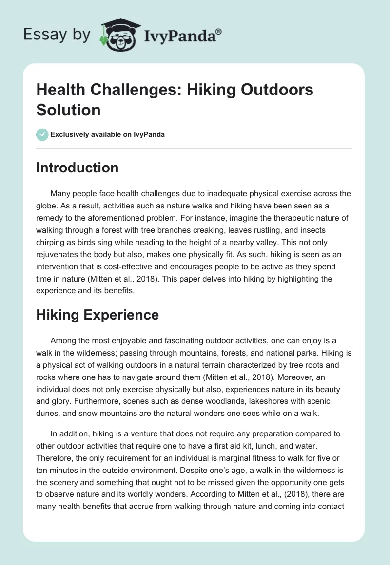 Health Challenges: Hiking Outdoors Solution. Page 1