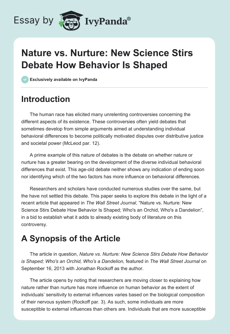 Nature vs. Nurture: New Science Stirs Debate How Behavior Is Shaped. Page 1