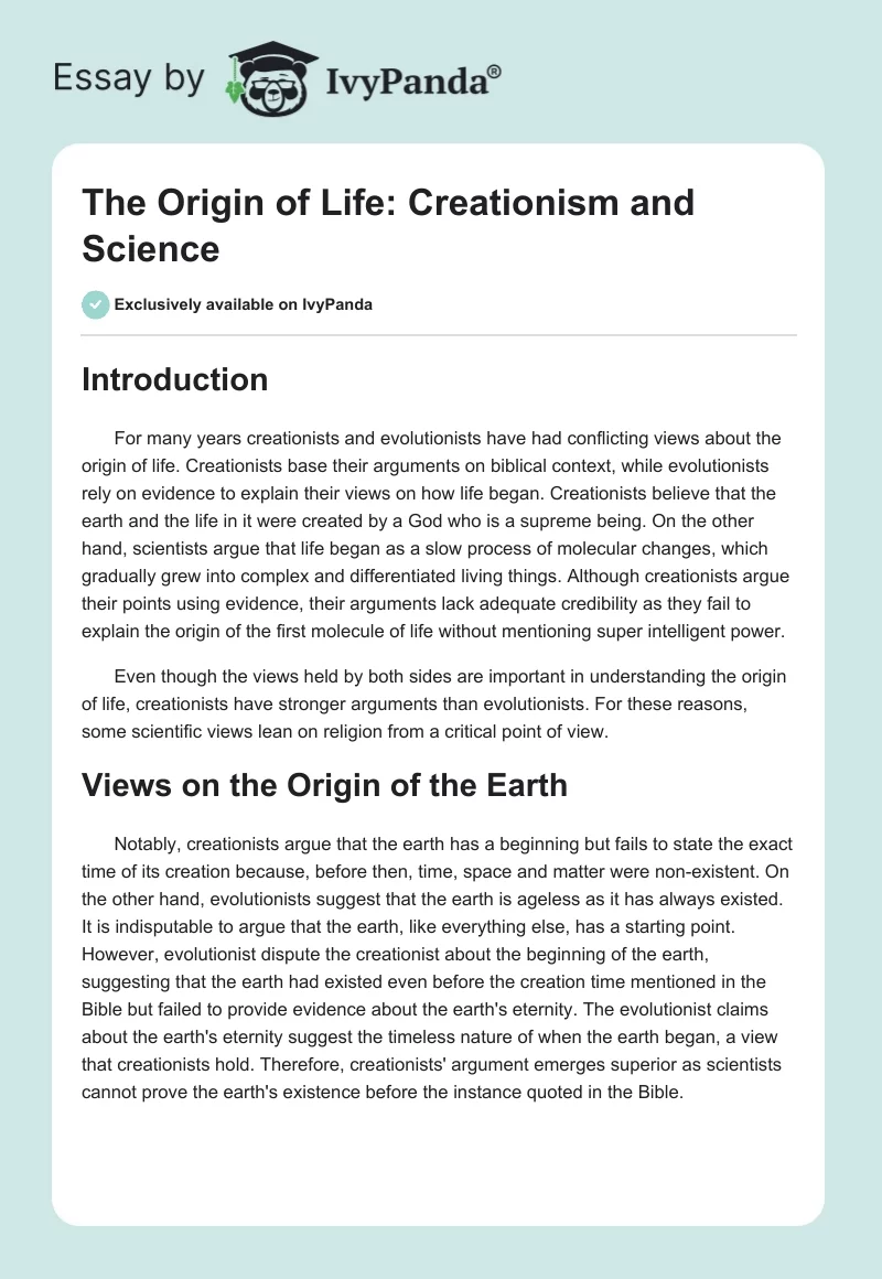 The Origin of Life: Creationism and Science. Page 1