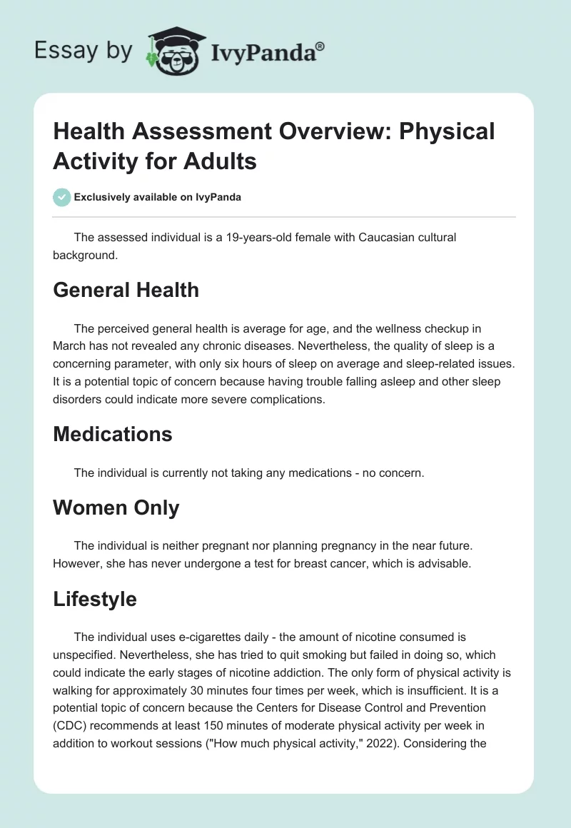 Health Assessment Overview: Physical Activity for Adults. Page 1