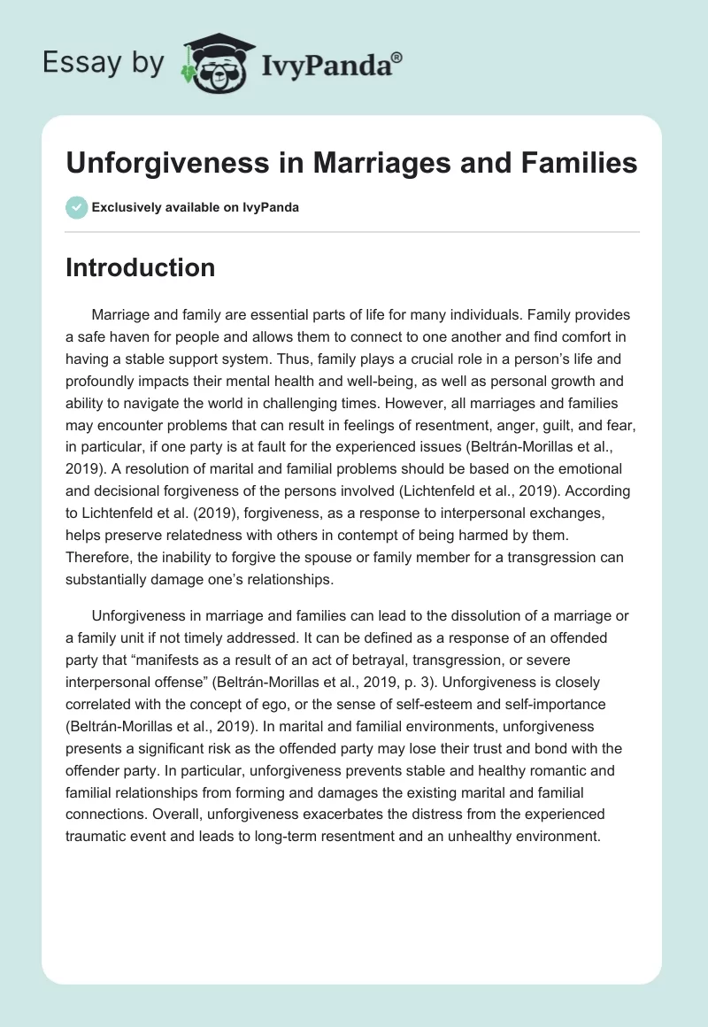 Unforgiveness in Marriages and Families. Page 1