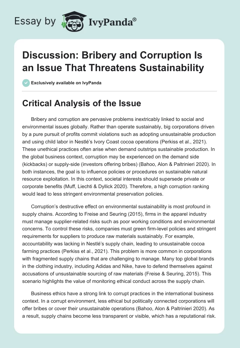 Discussion: Bribery and Corruption Is an Issue That Threatens Sustainability. Page 1