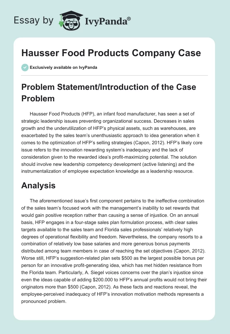 Hausser Food Products Company Case. Page 1