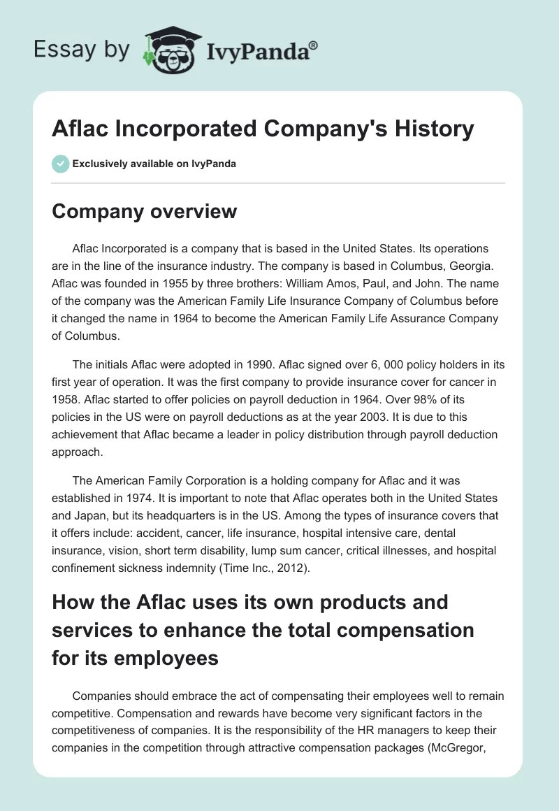 Aflac Incorporated Company's History. Page 1
