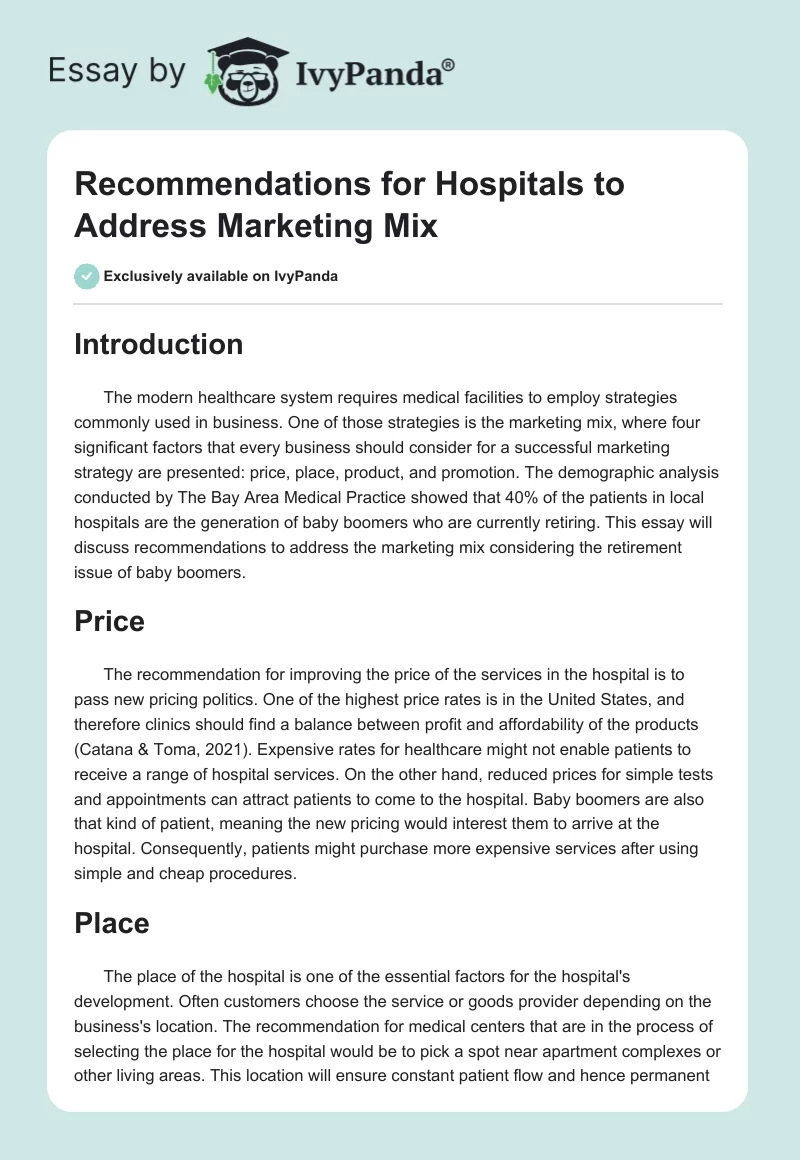 Recommendations for Hospitals to Address Marketing Mix. Page 1