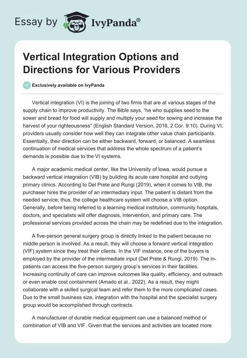 Vertical Integration Options and Directions for Various Providers. Page 1