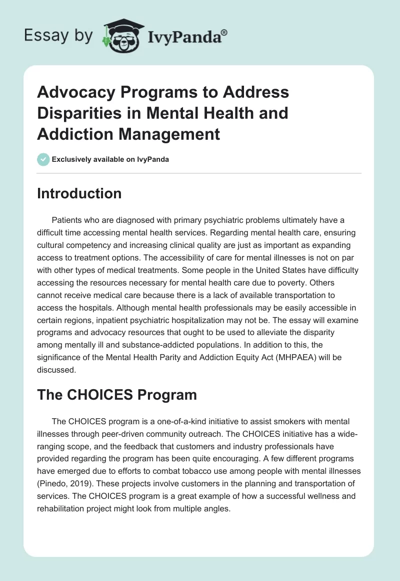 Advocacy Programs to Address Disparities in Mental Health and Addiction Management. Page 1