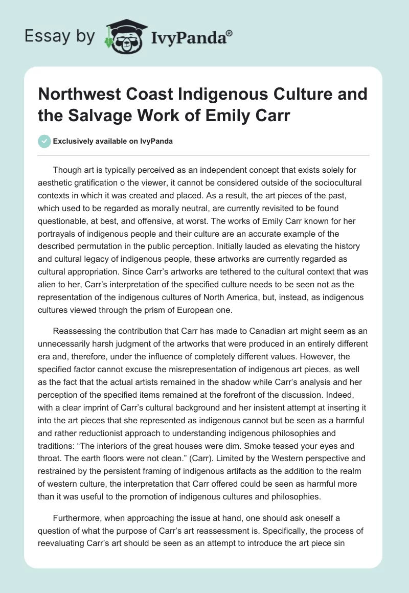 Northwest Coast Indigenous Culture and the Salvage Work of Emily Carr. Page 1