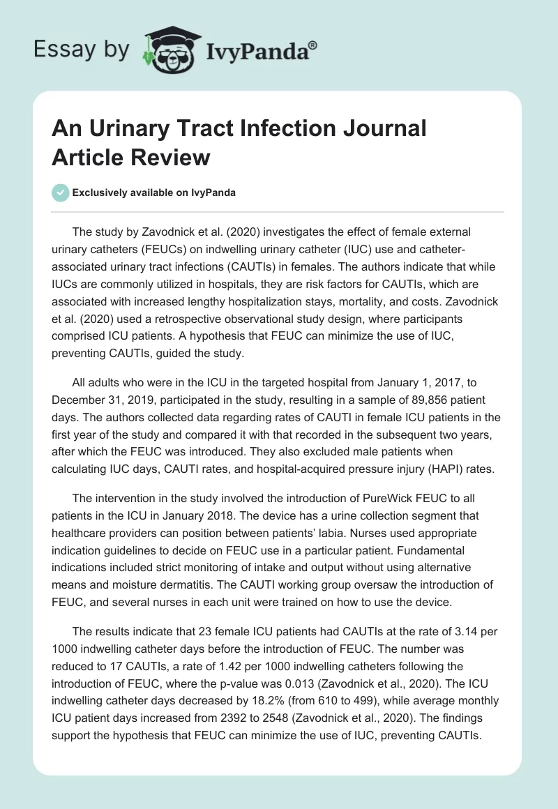 An Urinary Tract Infection Journal Article Review. Page 1